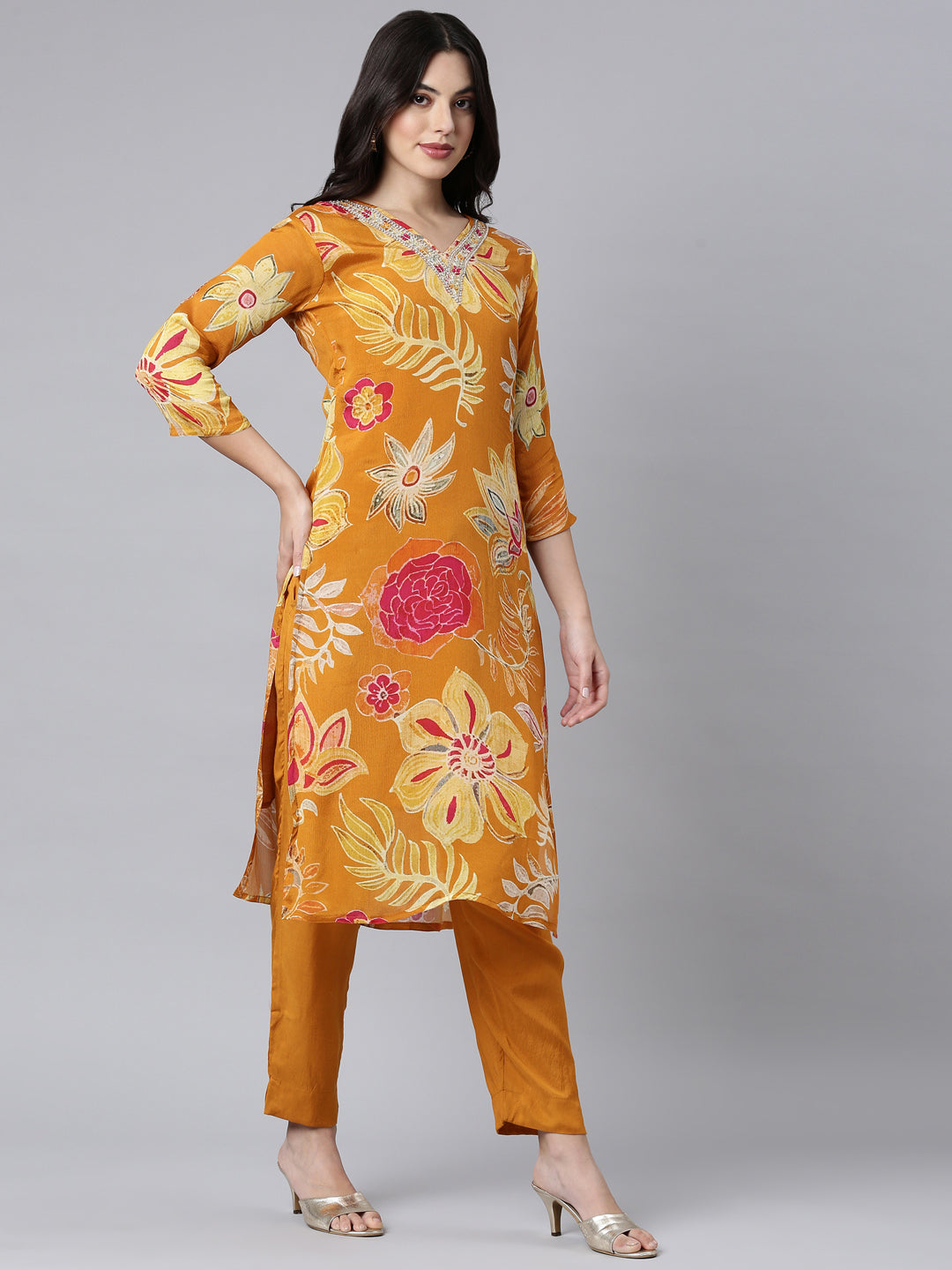 Neerus Gold Regular Straight Floral Kurta And Trousers With Dupatta