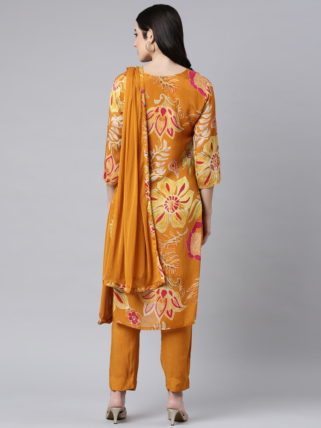 Neerus Gold Regular Straight Floral Kurta And Trousers With Dupatta