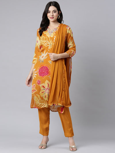 Neerus Gold Regular Straight Floral Kurta And Trousers With Dupatta