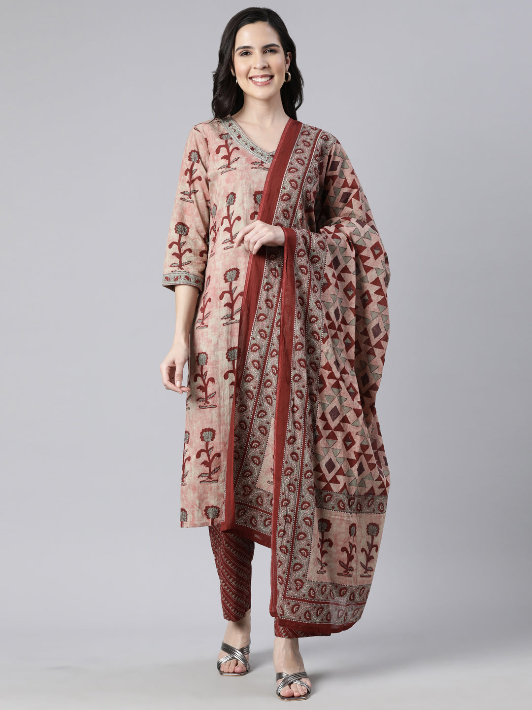 Neerus Maroon Regular Straight Floral Kurta And  Trousers With Dupatta