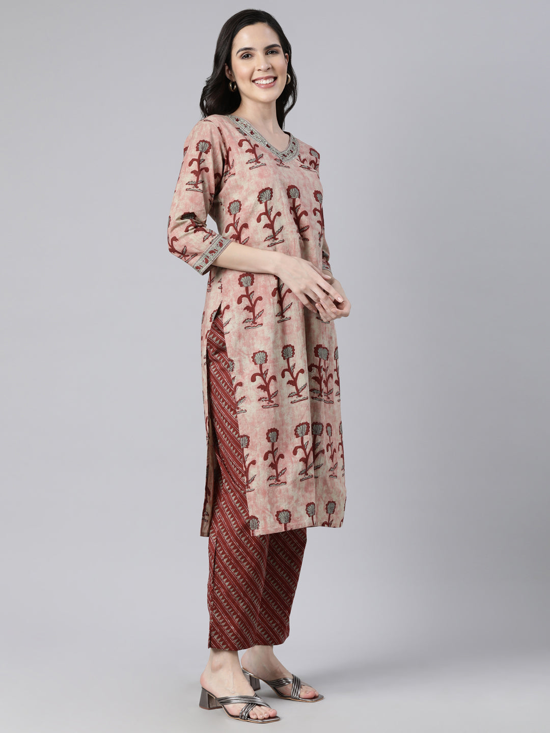 Neerus Maroon Regular Straight Floral Kurta And  Trousers With Dupatta