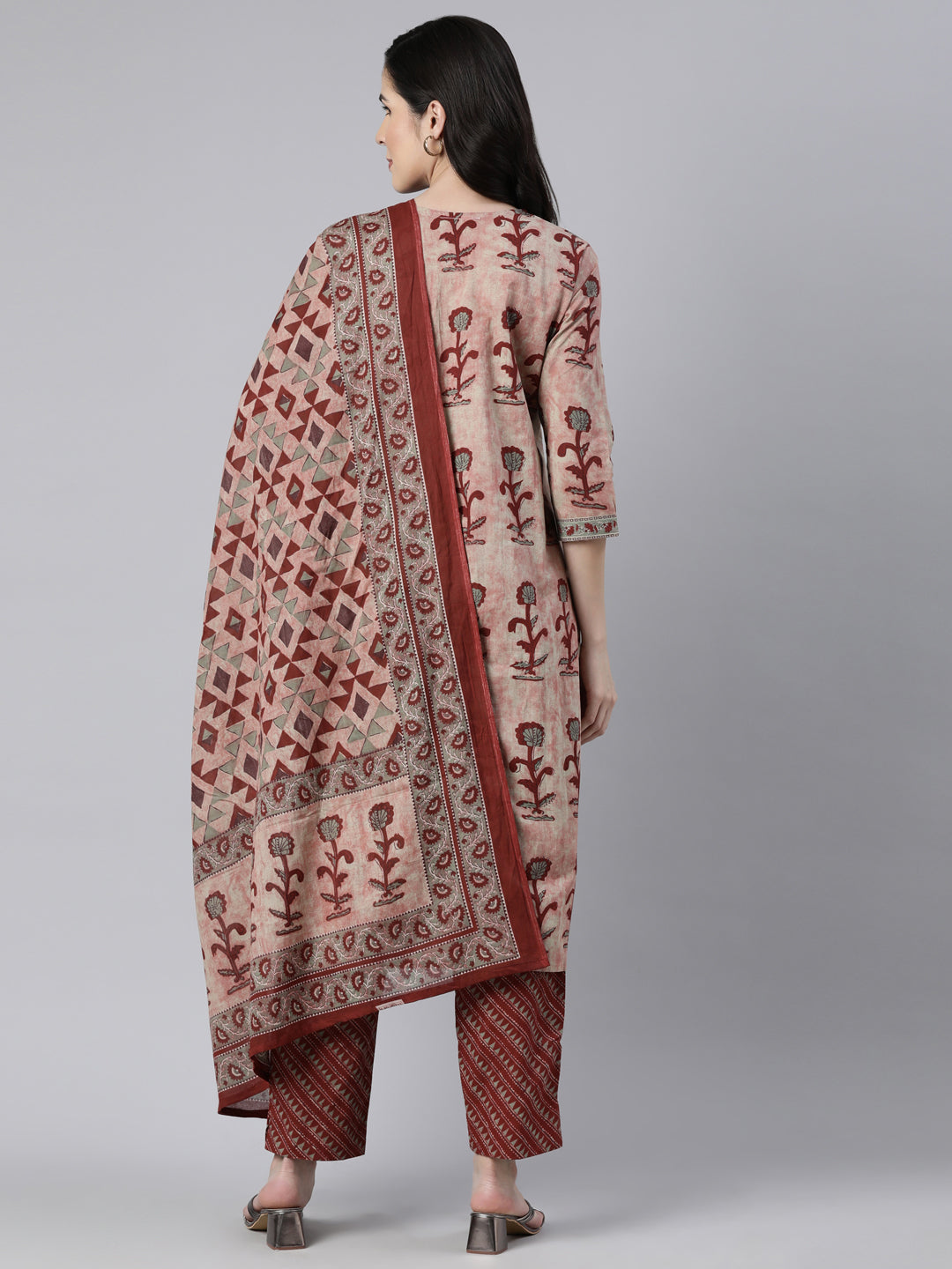 Neerus Maroon Regular Straight Floral Kurta And  Trousers With Dupatta