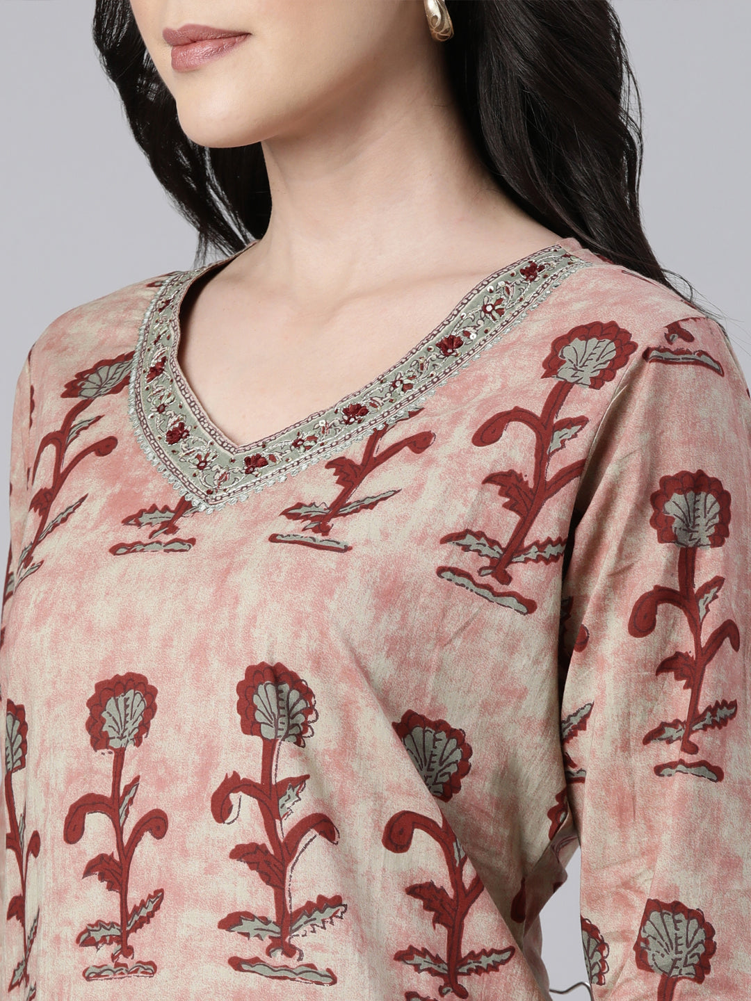 Neerus Maroon Regular Straight Floral Kurta And  Trousers With Dupatta