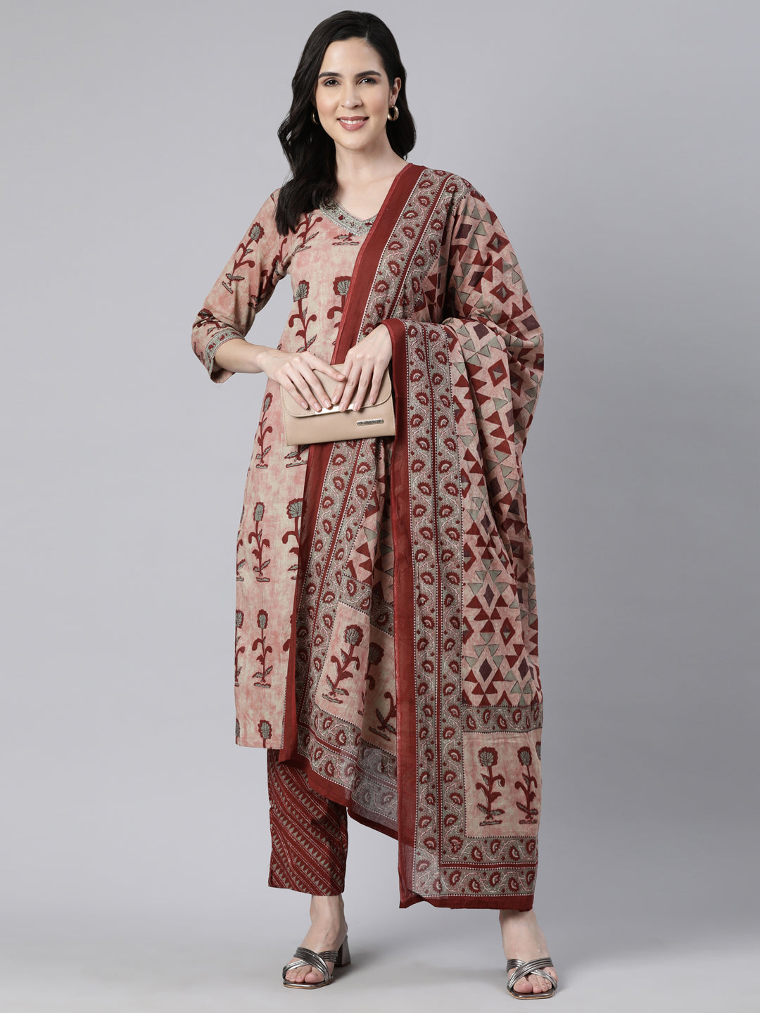 Neerus Maroon Regular Straight Floral Kurta And  Trousers With Dupatta