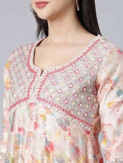 Neerus Beige Panelled Straight Printed Kurti And Sharara With Dupatta