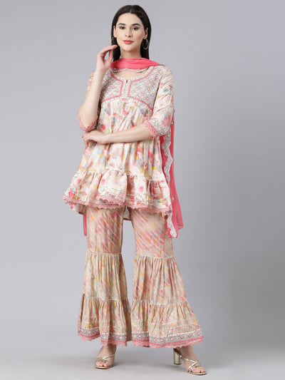 Neerus Beige Panelled Straight Printed Kurti And Sharara With Dupatta