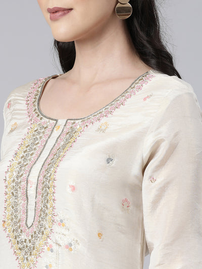 Neerus Cream Regular Straight Floral Kurta And  Trousers With Dupatta