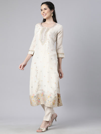 Neerus Cream Regular Straight Floral Kurta And  Trousers With Dupatta