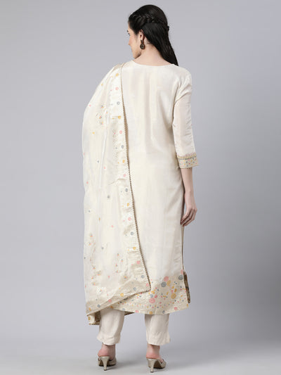 Neerus Cream Regular Straight Floral Kurta And  Trousers With Dupatta