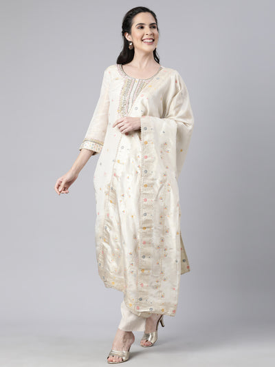 Neerus Cream Regular Straight Floral Kurta And  Trousers With Dupatta