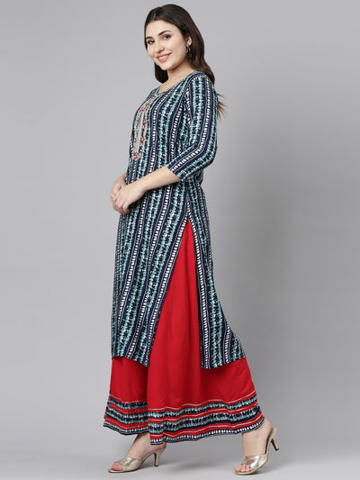 Neeru's Navy Blue Regular Straight Printed Kurta And Palazzos With Dupatta