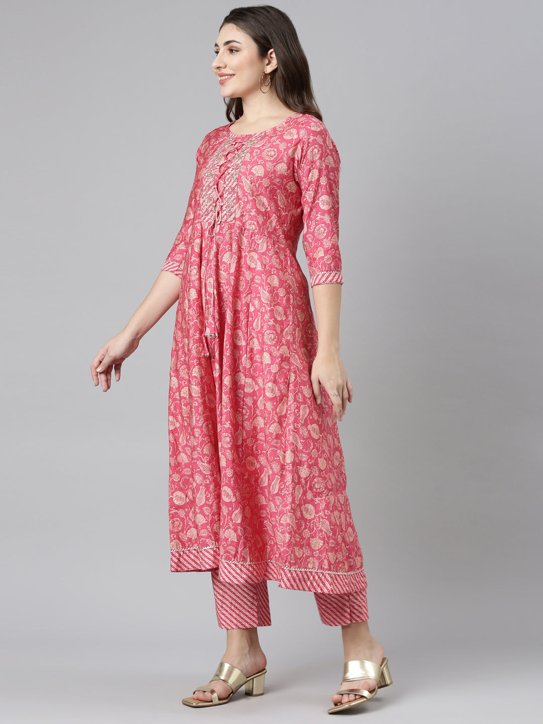 Neeru's Pink Regular Straight Printed Kurta And Trousers With Dupatta