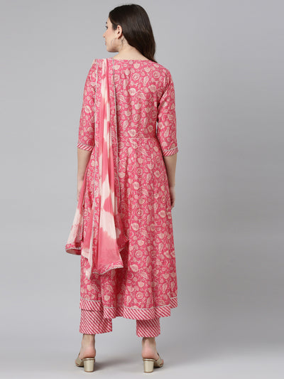 Neeru's Pink Regular Straight Printed Kurta And Trousers With Dupatta