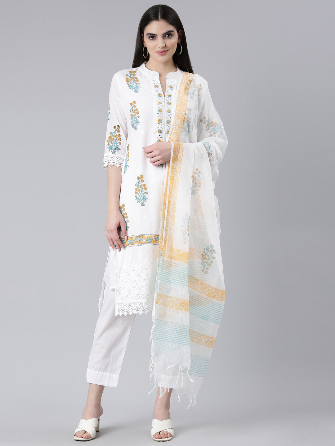 Neeru's Yellow Regular Straight Printed Kurta And Trousers With Dupatta