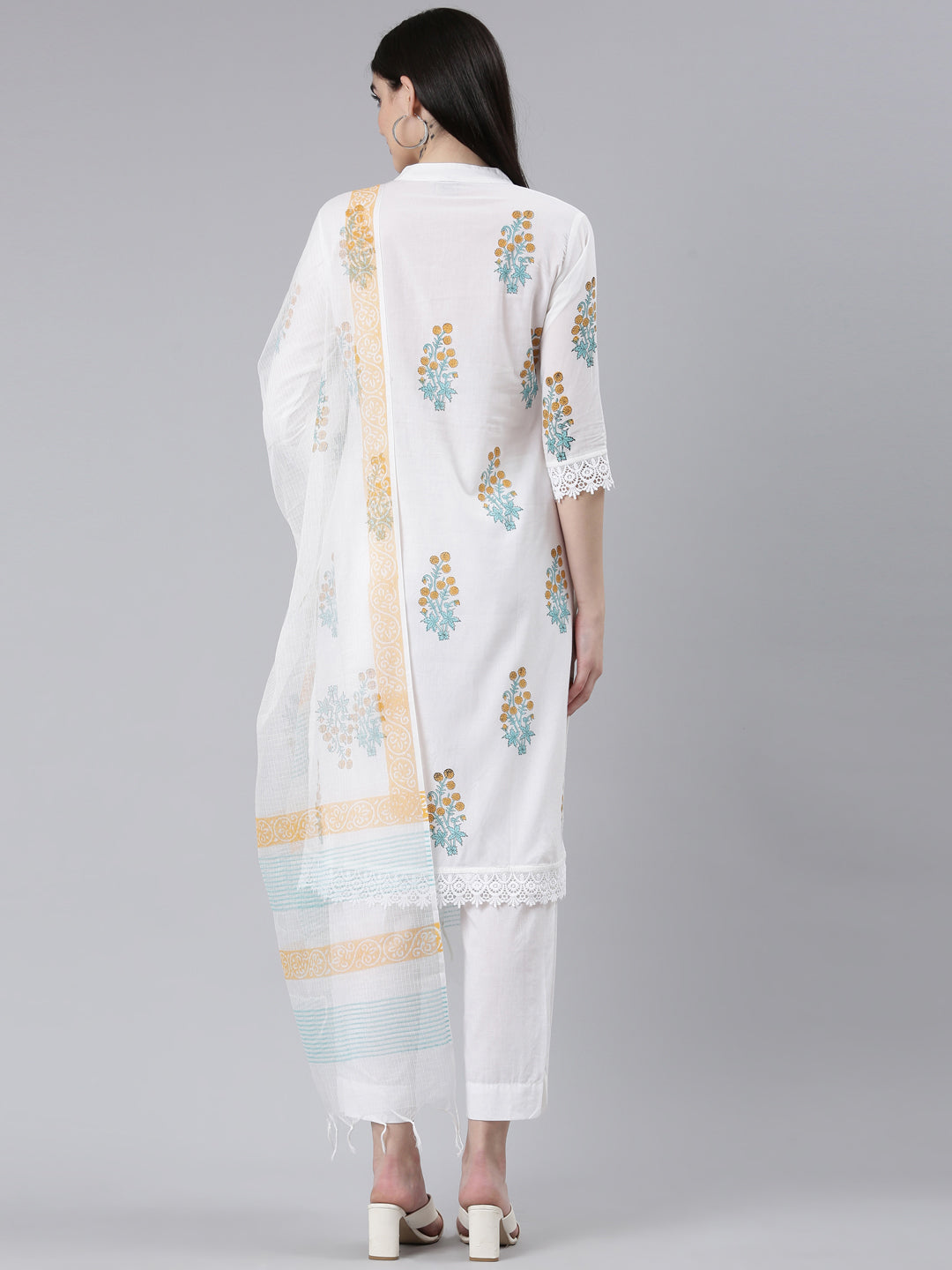 Neeru's Yellow Regular Straight Printed Kurta And Trousers With Dupatta