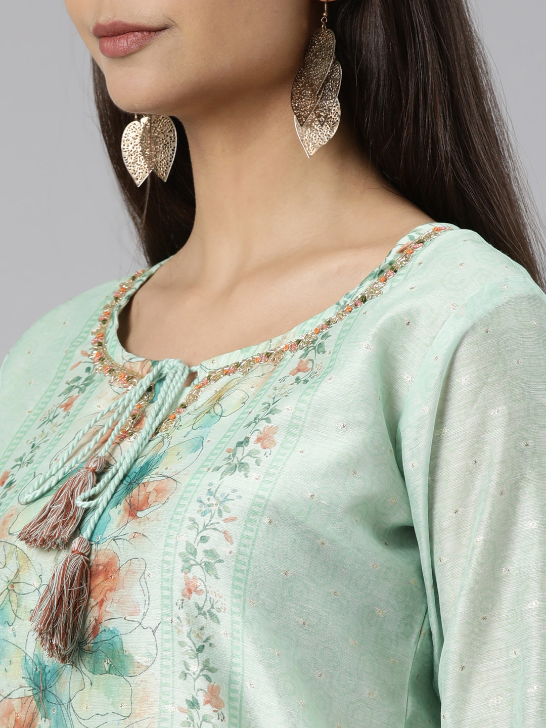 Neeru's Sea Green Regular Straight Floral Kurta And Trousers With Dupatta