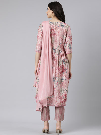 Neerus Pink Pleated Straight Floral Kurta And  Trousers With Dupatta