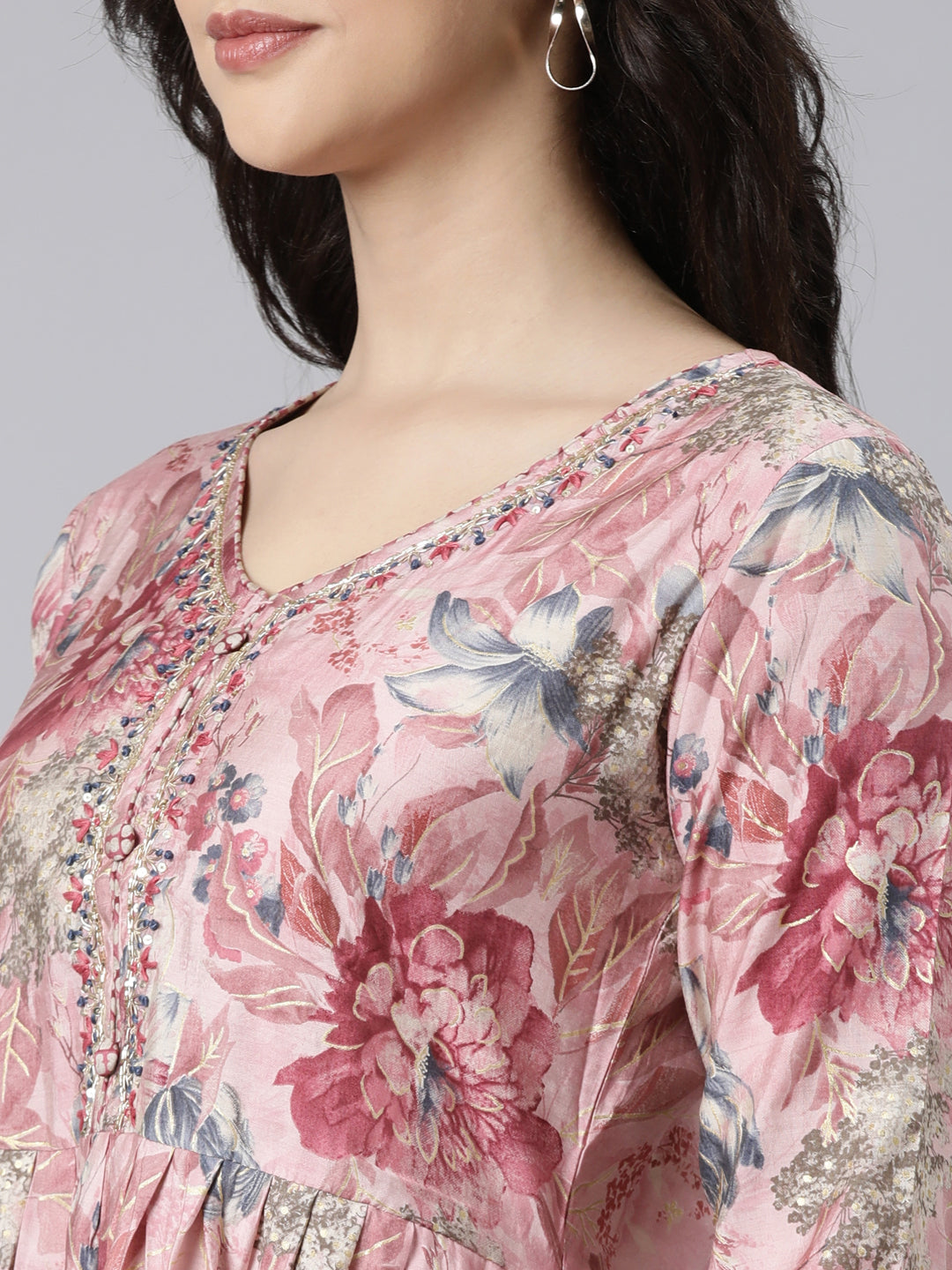 Neerus Pink Pleated Straight Floral Kurta And  Trousers With Dupatta