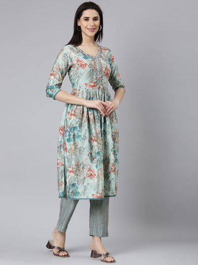 Neerus Blue Pleated Straight Floral Kurta And Trousers With Dupatta