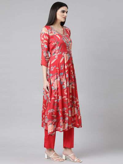 Neerus Red Regular Flared Floral Kurta And Trousers With Dupatta