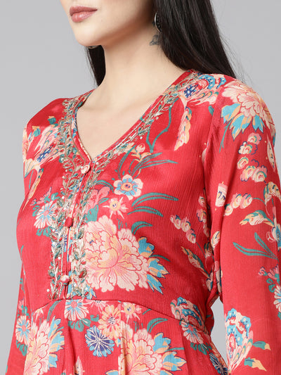 Neerus Red Regular Flared Floral Kurta And Trousers With Dupatta