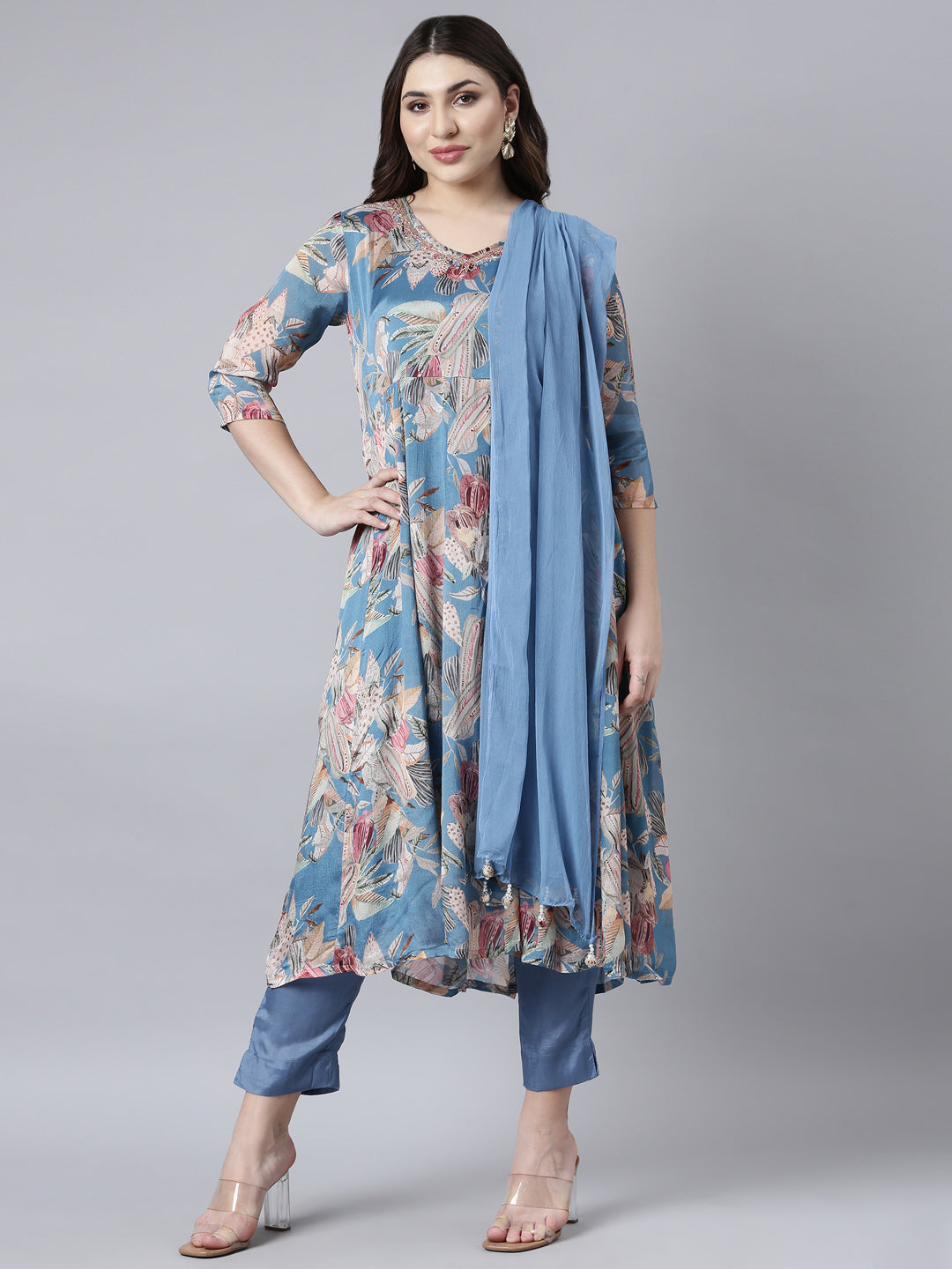 Neerus Blue Regular Straight Floral Kurta And Trousers With Dupatta