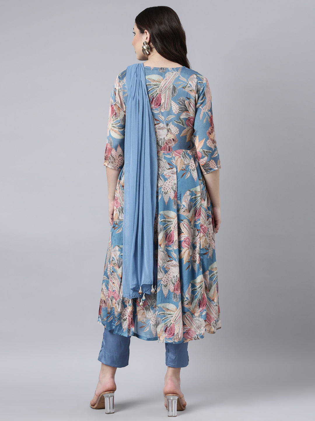 Neerus Blue Regular Straight Floral Kurta And Trousers With Dupatta