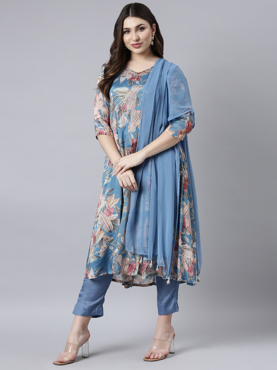 Neerus Blue Regular Straight Floral Kurta And Trousers With Dupatta