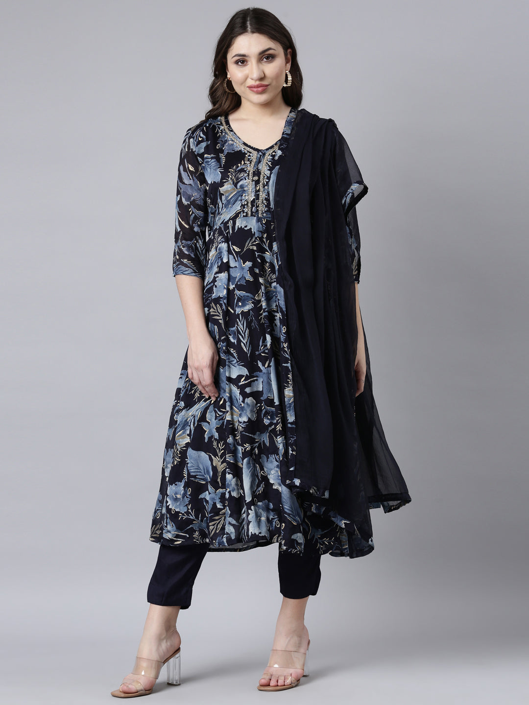 Neerus Navy Blue Regular Straight Floral Kurta And Trousers With Dupatta