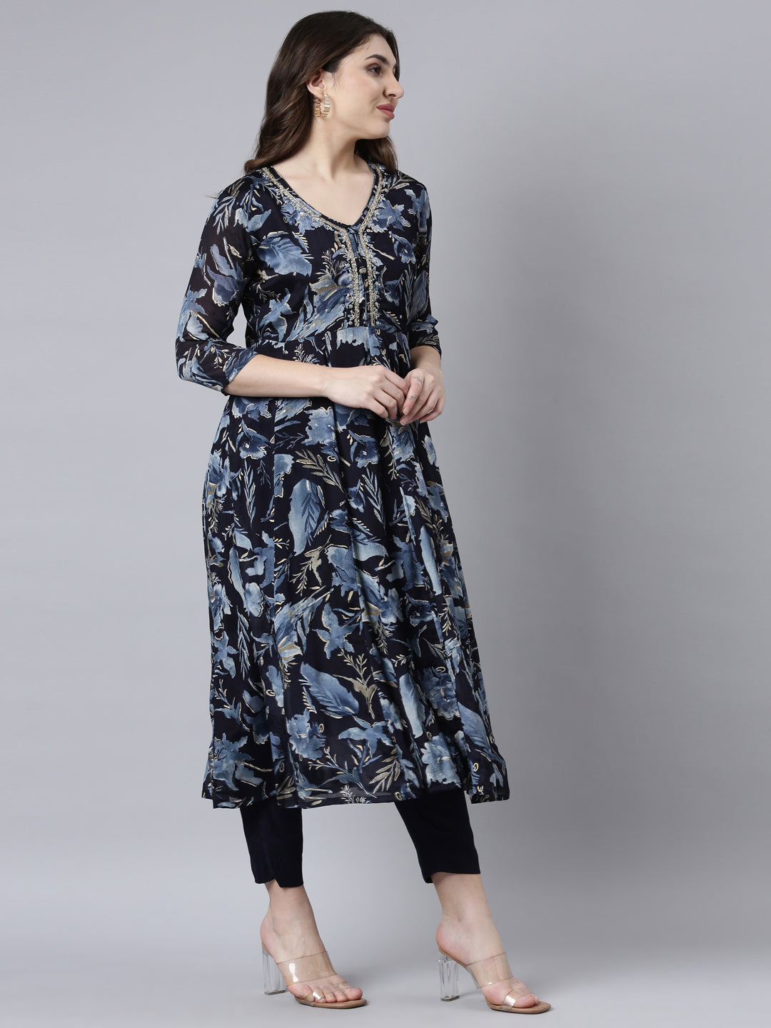 Neerus Navy Blue Regular Straight Floral Kurta And Trousers With Dupatta