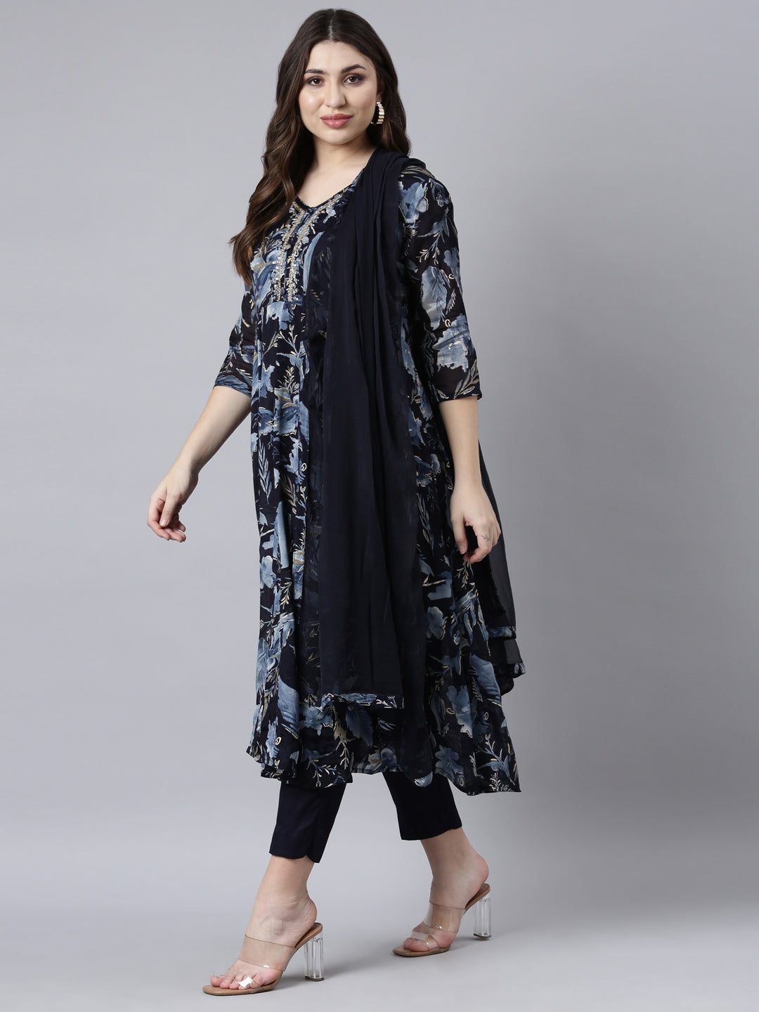 Neerus Navy Blue Regular Straight Floral Kurta And Trousers With Dupatta