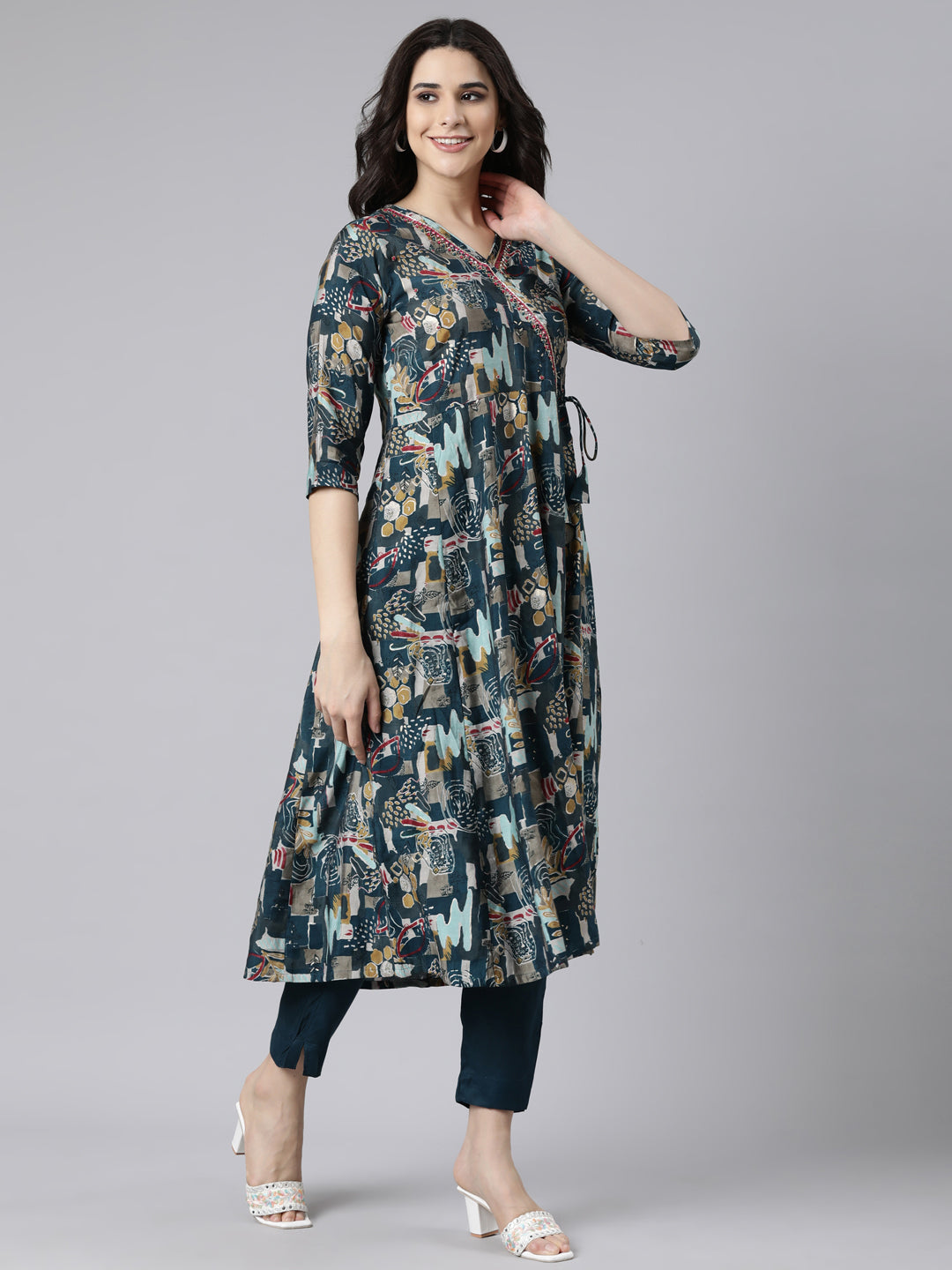 Neerus Green Angrakha Straight Floral Kurta And  Trousers With Dupatta