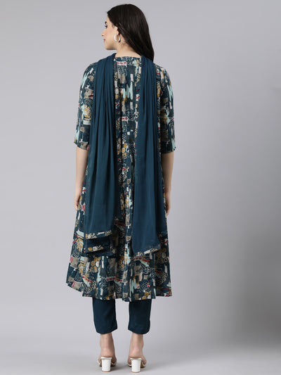 Neerus Green Angrakha Straight Floral Kurta And  Trousers With Dupatta