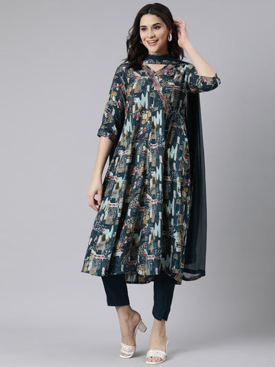 Neerus Green Angrakha Straight Floral Kurta And  Trousers With Dupatta