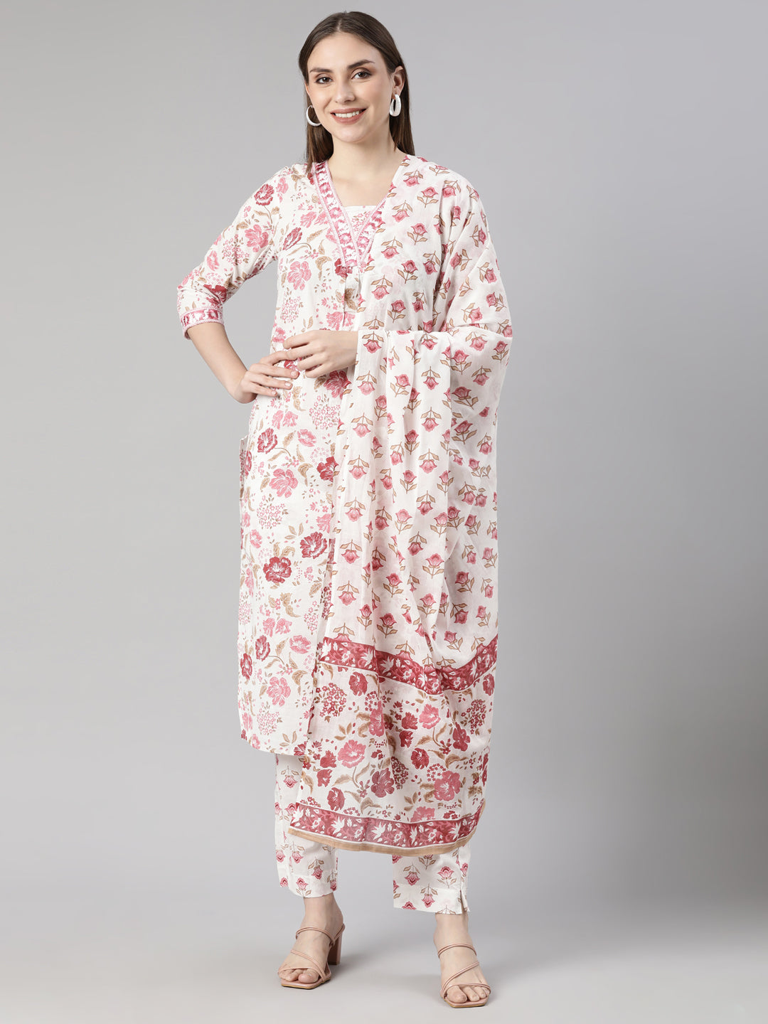 Neerus Pink Regular Straight Floral Kurta And  Trousers With Dupatta