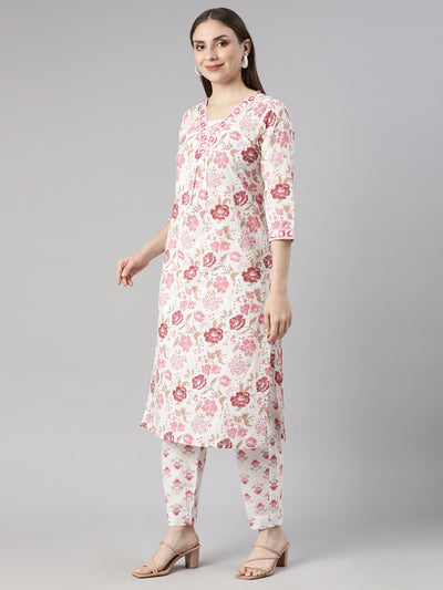 Neerus Pink Regular Straight Floral Kurta And  Trousers With Dupatta