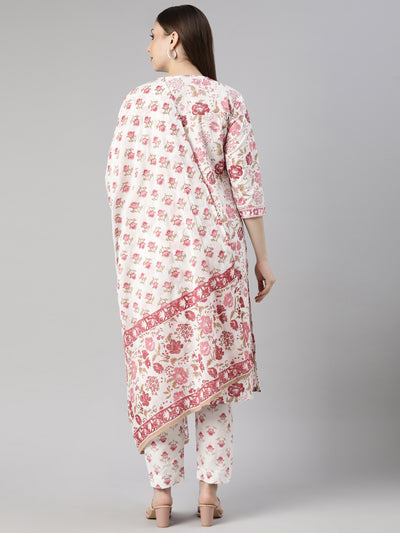 Neerus Pink Regular Straight Floral Kurta And  Trousers With Dupatta