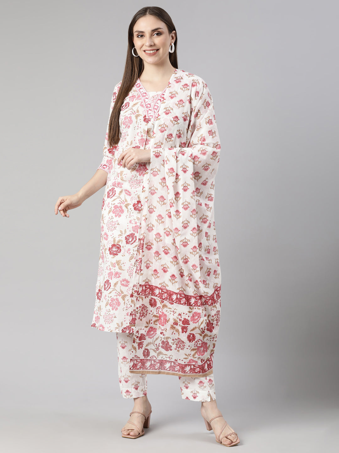 Neerus Pink Regular Straight Floral Kurta And  Trousers With Dupatta