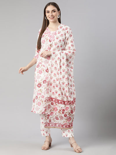 Neerus Pink Regular Straight Floral Kurta And  Trousers With Dupatta