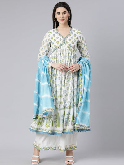 Neerus Green Panelled Printed Kurta And Palazzos With Dupatta