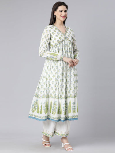 Neerus Green Panelled Printed Kurta And Palazzos With Dupatta