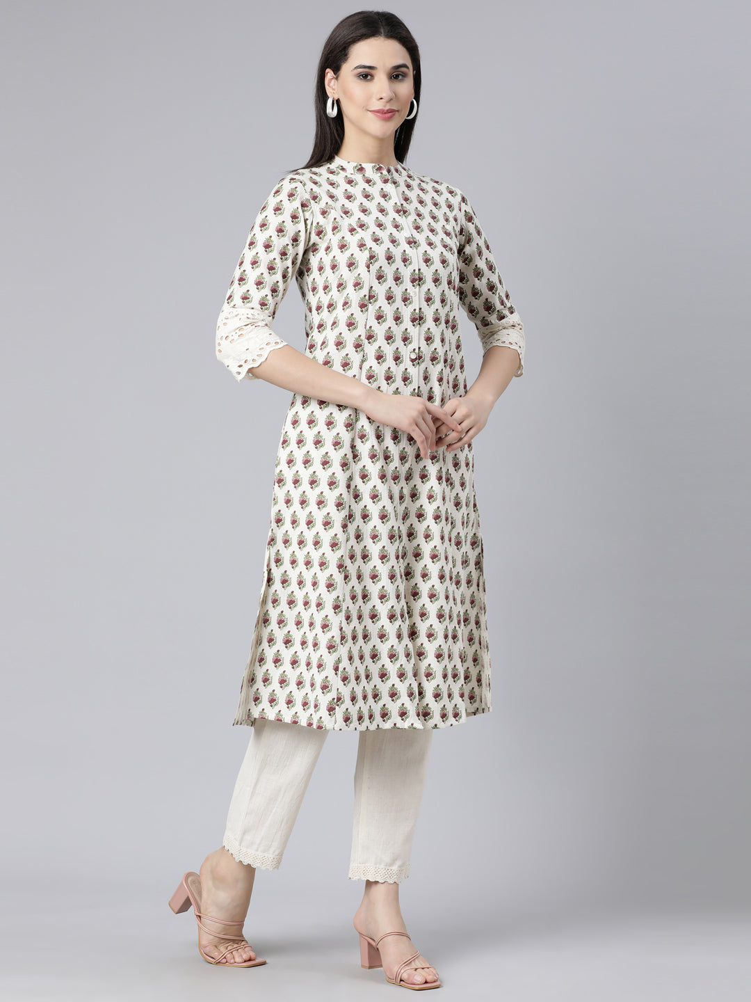 Neerus Purple Panelled Straight Printed Kurta And Trousers