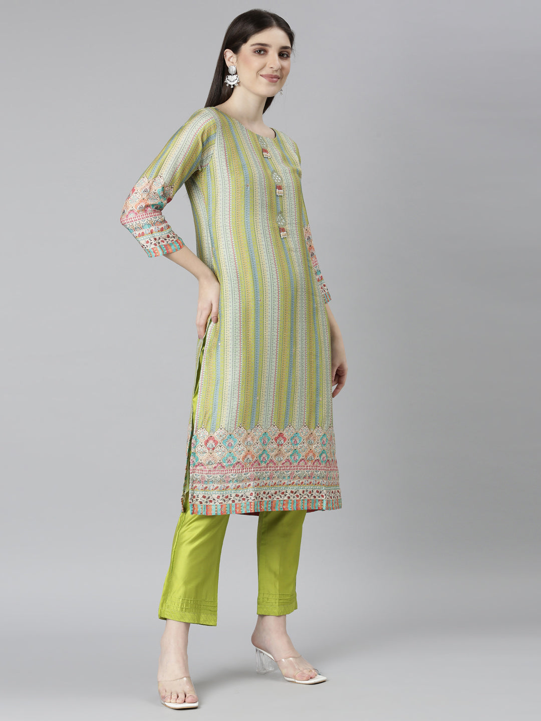 Neeru's Green Regular Straight Chevron Kurta And Trousers With Dupatta