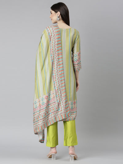 Neeru's Green Regular Straight Chevron Kurta And Trousers With Dupatta