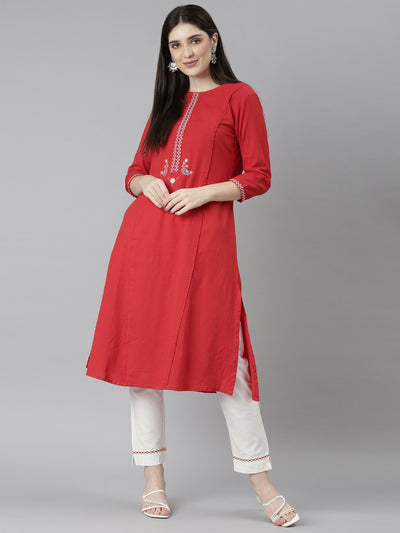 Neeru's Red Regular Straight Solid Kurta And Trousers