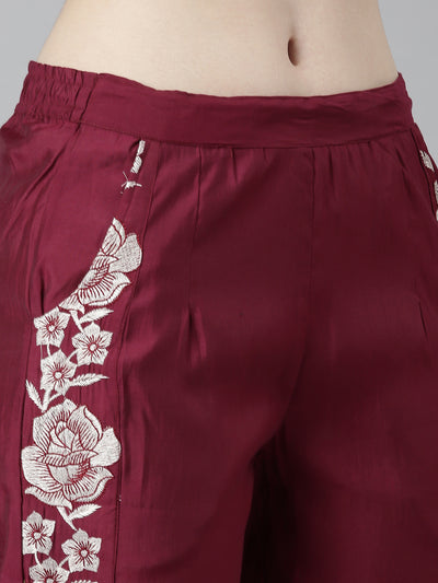 Neeru's Maroon Regular Straight Floral Top And Trousers