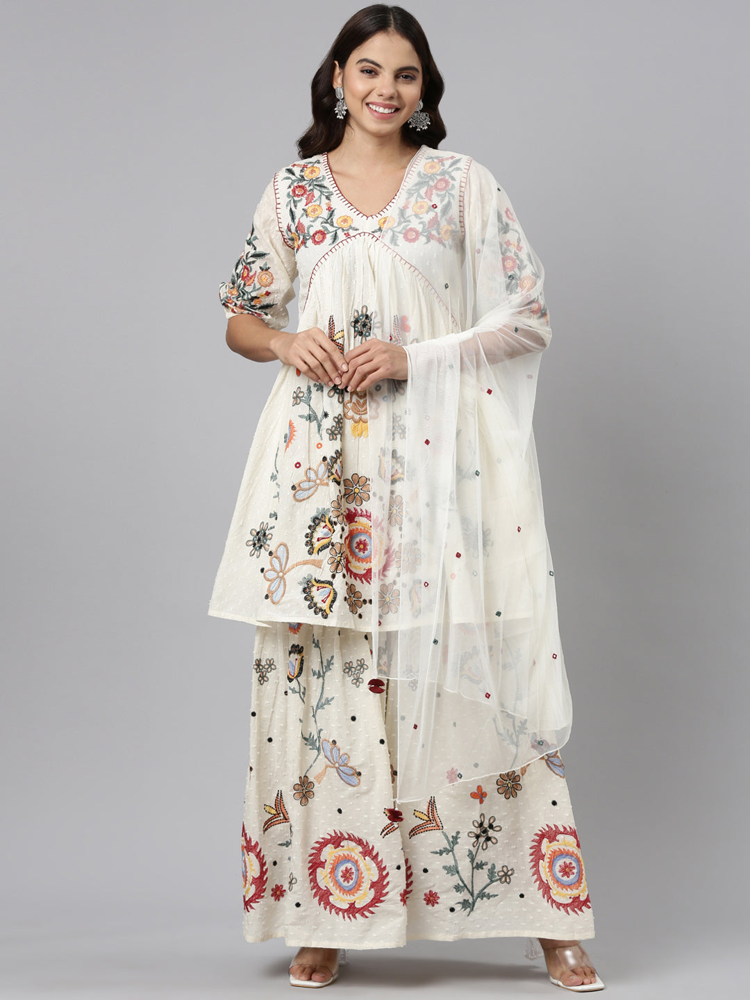 Neeru's Cream Regular Straight Embroidered Kurta And Sharara With Dupatta