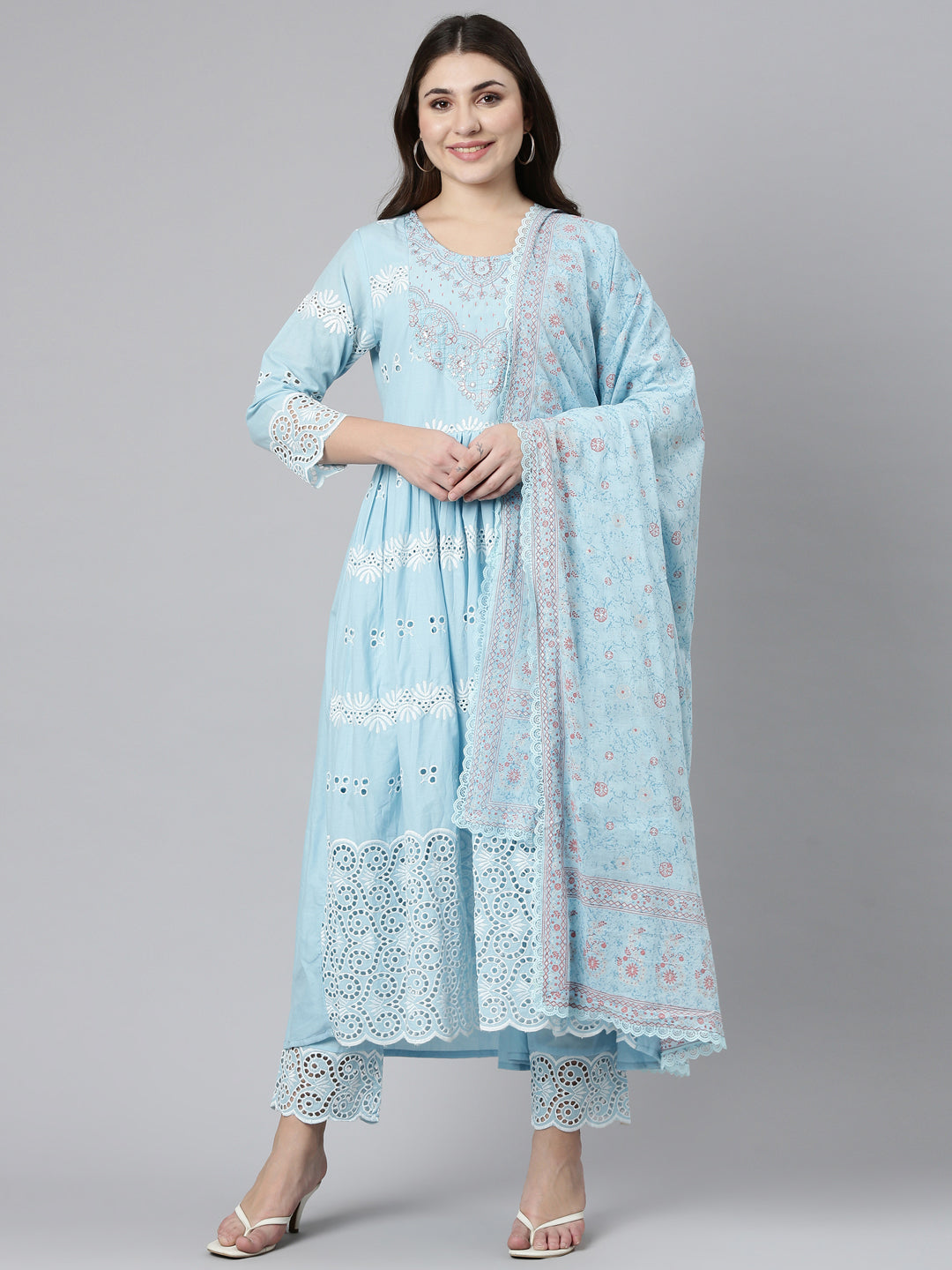 Neeru's Blue Pleated Straight Embroidered Readymade Suits