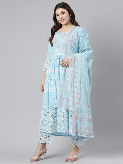 Neeru's Blue Pleated Straight Embroidered Readymade Suits