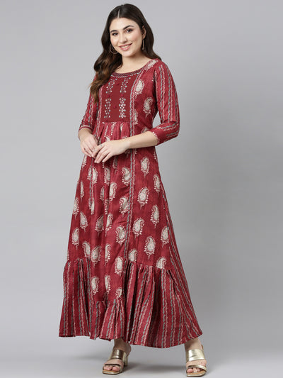 Neeru's Maroon Flared Casual Printed Dress